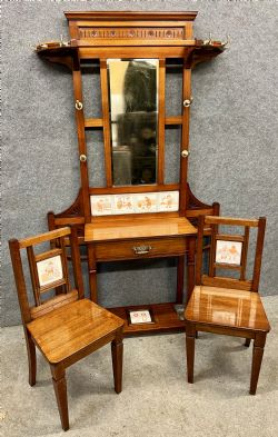 RARE ELLEN E HOUGHTON OF MINTON TILED HALL STAND AND HALL CHAIRS DAYS OF THE WEEK