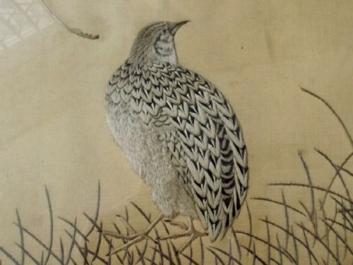JAPANESE MEIJI PERIOD SILK 3 QUAILS - ADDITIONAL PHOTO 4