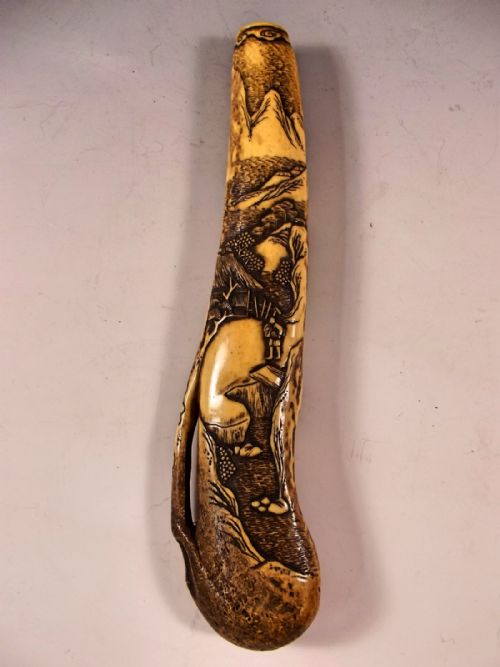 JAPANESE CARVED STAG ANTLER PIPE CASE KISERUTUTZU EDO PERIOD - ADDITIONAL PHOTO 1