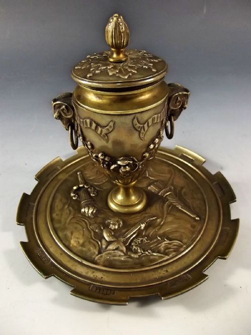 french bronze inkwell pen tray 1860 - CATEGORY: ANTIQUE METAL - DATED 1860