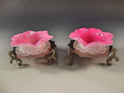 pair of webb cased glass silver plate salt servers - CATEGORY: ANTIQUE GLASS - DATED 1900