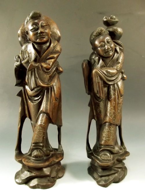 pr 19th c chinese hardwood silver inlaid figures - CATEGORY: ANTIQUE MISCELLANEOUS - DATED 1890