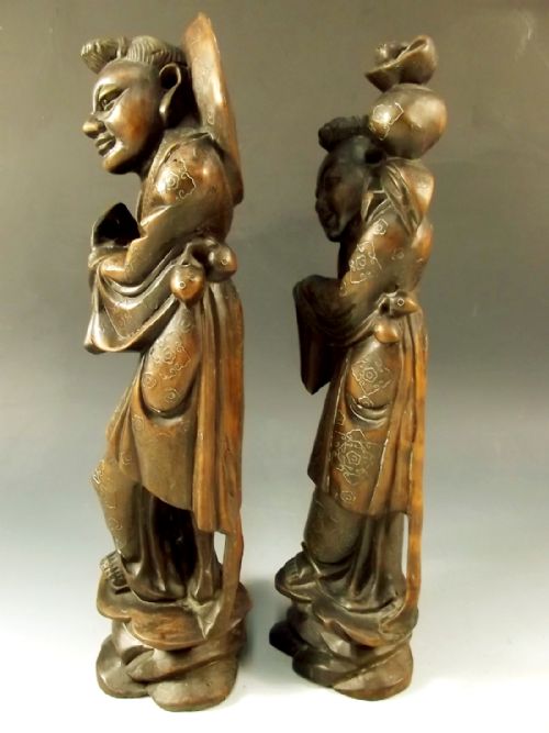 PR 19TH C CHINESE HARDWOOD SILVER INLAID FIGURES - ADDITIONAL PHOTO 1