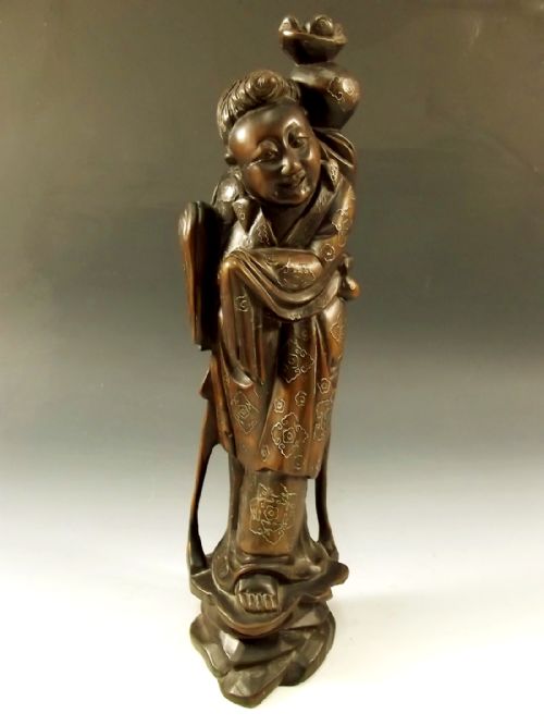 PR 19TH C CHINESE HARDWOOD SILVER INLAID FIGURES - ADDITIONAL PHOTO 3