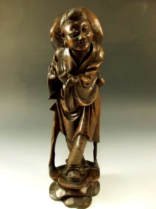 PR 19TH C CHINESE HARDWOOD SILVER INLAID FIGURES - ADDITIONAL PHOTO 4
