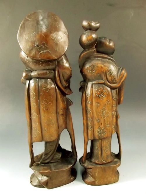 PR 19TH C CHINESE HARDWOOD SILVER INLAID FIGURES - ADDITIONAL PHOTO 5