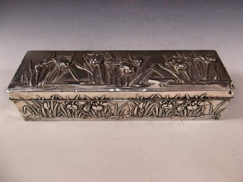 japanese silver hardwood iris trinket box - CATEGORY: ANTIQUE SILVER - DATED 1900