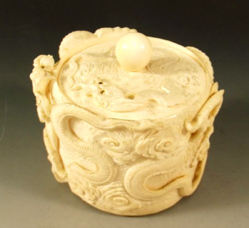 JAPANESE IVORY LIDDED DRAGON POT MEIJI PERIOD - ADDITIONAL PHOTO 1
