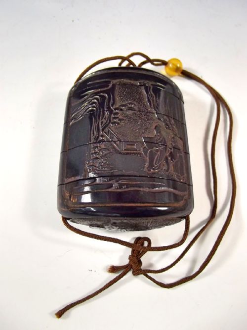 JAPANESE MEIJI PERIOD BLACK CINNABAR LACQUER INRO - ADDITIONAL PHOTO 1