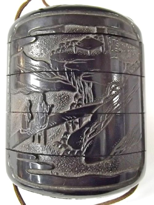 JAPANESE MEIJI PERIOD BLACK CINNABAR LACQUER INRO - ADDITIONAL PHOTO 6
