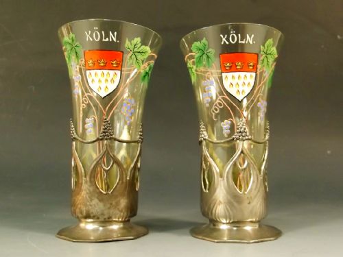 pair art nouveau orivit pewter mounted enamelled glasses - CATEGORY: ANTIQUE GLASS - DATED 1900