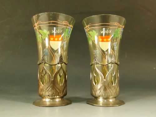 PAIR ART NOUVEAU ORIVIT PEWTER MOUNTED ENAMELLED GLASSES - ADDITIONAL PHOTO 1