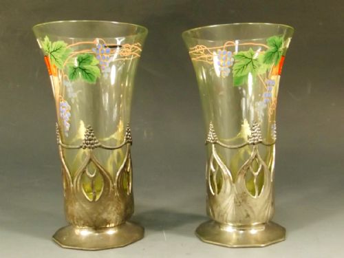 PAIR ART NOUVEAU ORIVIT PEWTER MOUNTED ENAMELLED GLASSES - ADDITIONAL PHOTO 2
