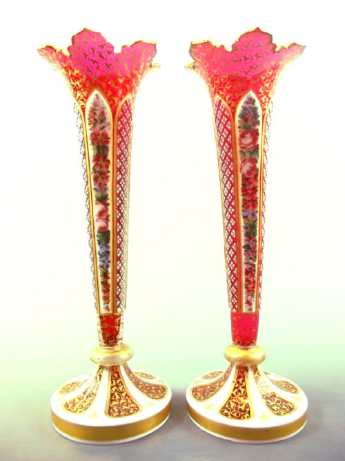 pair bohemian cut glass painted gilded trumpet vases 1860 - CATEGORY: ANTIQUE GLASS - DATED 1860