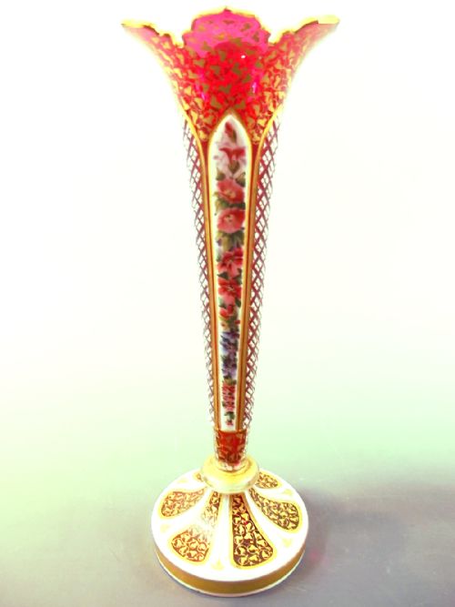 PAIR BOHEMIAN CUT GLASS PAINTED GILDED TRUMPET VASES 1860 - ADDITIONAL PHOTO 1