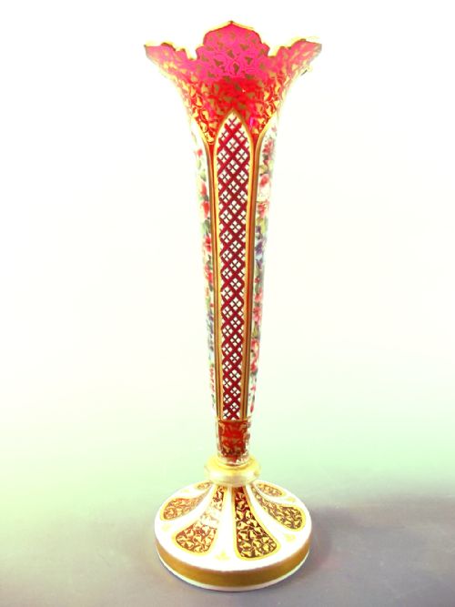 PAIR BOHEMIAN CUT GLASS PAINTED GILDED TRUMPET VASES 1860 - ADDITIONAL PHOTO 2