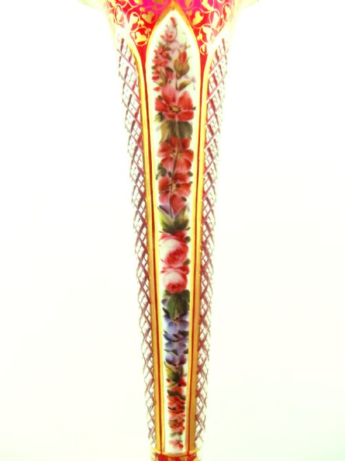 PAIR BOHEMIAN CUT GLASS PAINTED GILDED TRUMPET VASES 1860 - ADDITIONAL PHOTO 5