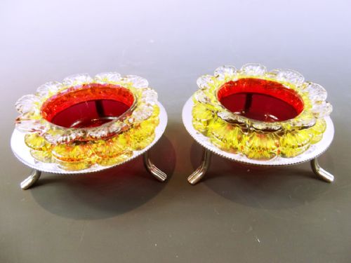 pair applied cranberry glass silver plate salt servers c1890 - CATEGORY: ANTIQUE GLASS - DATED 1880