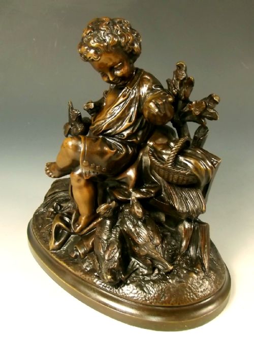 FINE FRENCH BRONZE OF A BOY FEEDING BIRDS 1860 - ADDITIONAL PHOTO 1