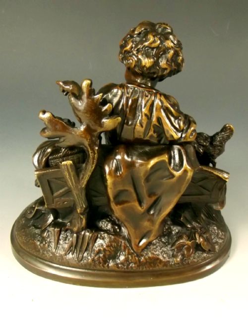 FINE FRENCH BRONZE OF A BOY FEEDING BIRDS 1860 - ADDITIONAL PHOTO 3