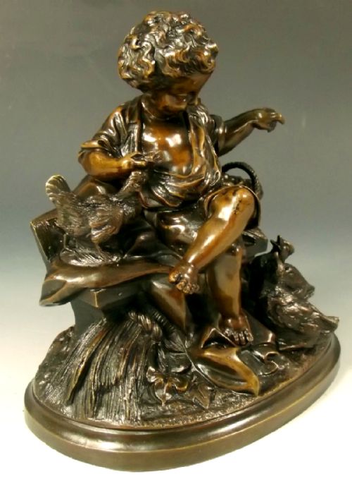 FINE FRENCH BRONZE OF A BOY FEEDING BIRDS 1860 - ADDITIONAL PHOTO 4