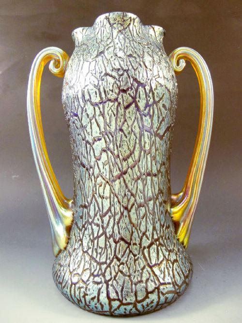 loetz blue crackle formosa vase golden handles - CATEGORY: ANTIQUE VASES - DATED 1900