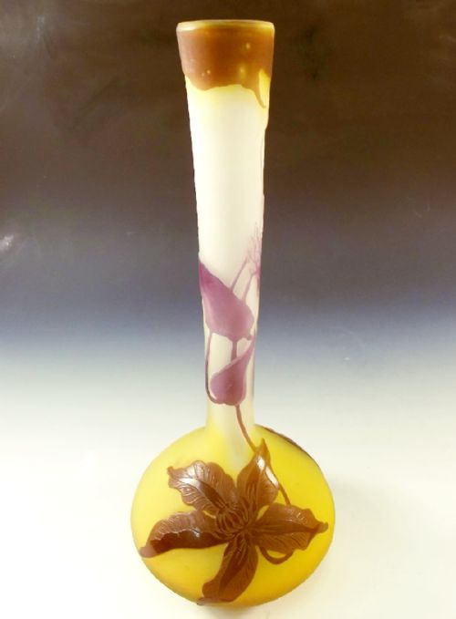 emile galle 3 colour clematis cameo glass vase c1900 - CATEGORY: ANTIQUE VASES - DATED 1900