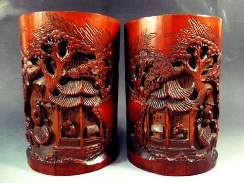 true pair 19th century chinese carved bamboo brush pots - CATEGORY: ANTIQUE MISCELLANEOUS - DATED 1880
