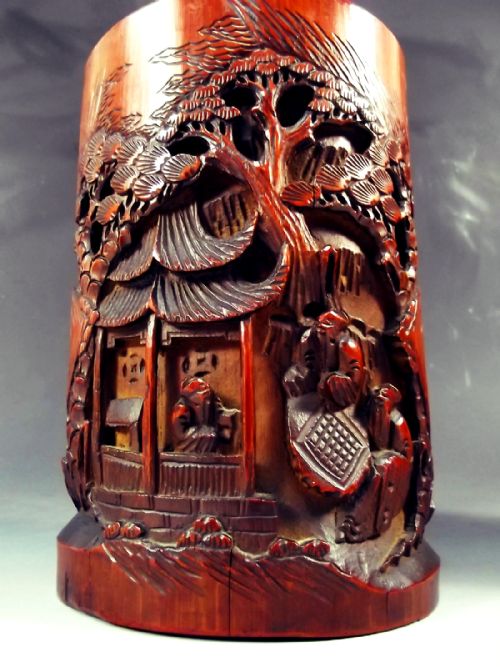 TRUE PAIR 19TH CENTURY CHINESE CARVED BAMBOO BRUSH POTS - ADDITIONAL PHOTO 2