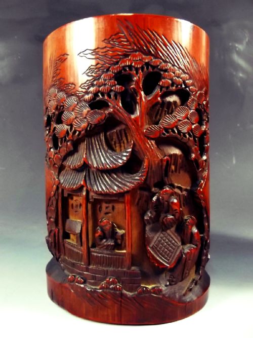 TRUE PAIR 19TH CENTURY CHINESE CARVED BAMBOO BRUSH POTS - ADDITIONAL PHOTO 3