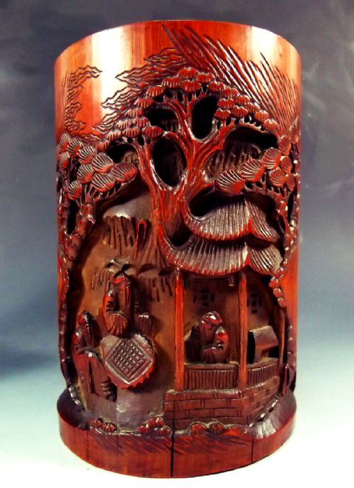 TRUE PAIR 19TH CENTURY CHINESE CARVED BAMBOO BRUSH POTS - ADDITIONAL PHOTO 4