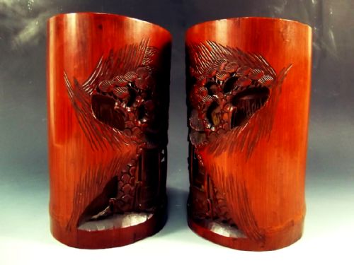 TRUE PAIR 19TH CENTURY CHINESE CARVED BAMBOO BRUSH POTS - ADDITIONAL PHOTO 6