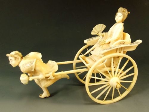 japanese meiji period ivory bijin in rickshaw okimono - CATEGORY: ANTIQUE MISCELLANEOUS - DATED 1890