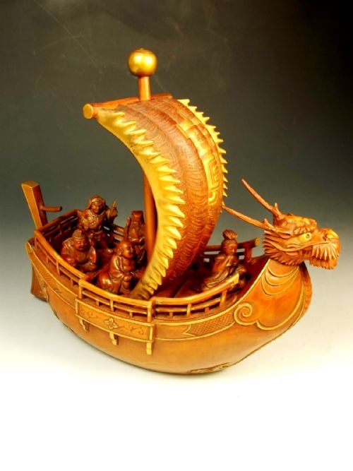 japanese carved gilded hardwood treasure boat with 5 gods meiji period - CATEGORY: ANTIQUE MISCELLANEOUS - DATED 1890