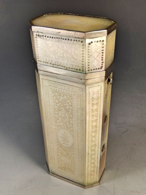 chinese silver engraved mother of pearl canister c1820 - CATEGORY: ANTIQUE SILVER - DATED 1800