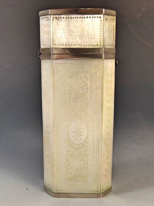 CHINESE SILVER ENGRAVED MOTHER OF PEARL CANISTER C1820 - ADDITIONAL PHOTO 1