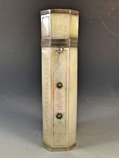CHINESE SILVER ENGRAVED MOTHER OF PEARL CANISTER C1820 - ADDITIONAL PHOTO 2