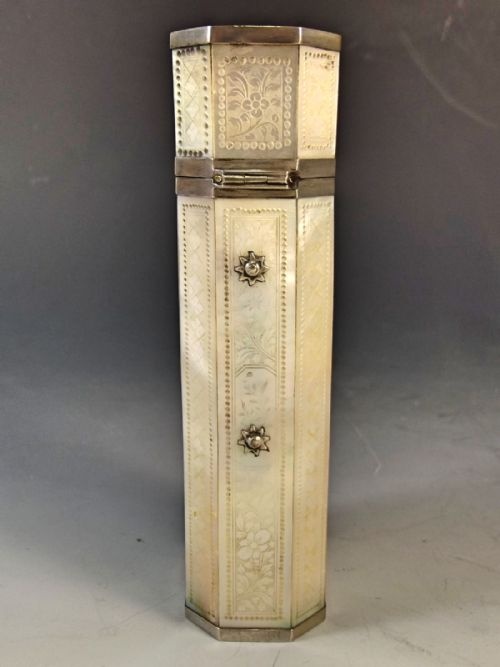 CHINESE SILVER ENGRAVED MOTHER OF PEARL CANISTER C1820 - ADDITIONAL PHOTO 4