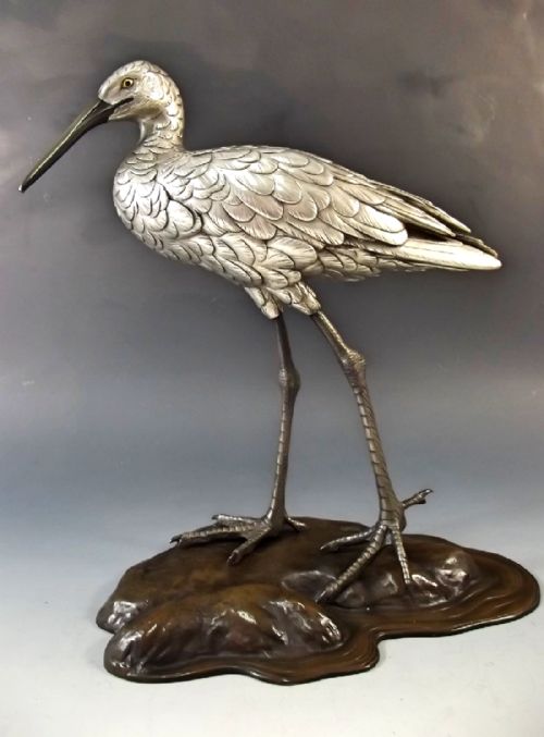 japanese silvered bronze egret okimono meiji period - CATEGORY: ANTIQUE SCULPTURES - DATED 1890