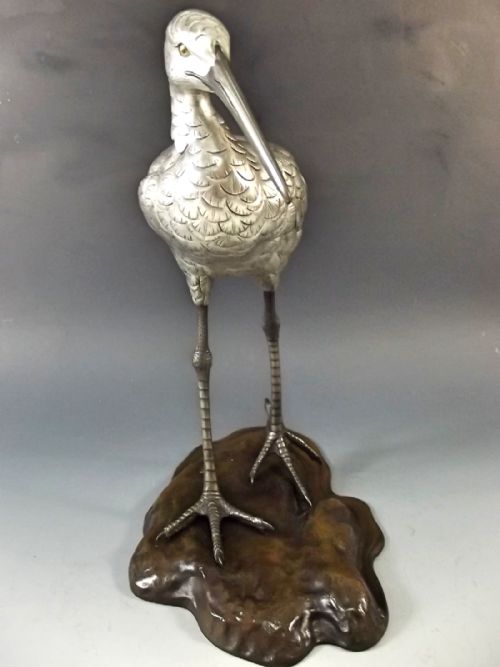 JAPANESE SILVERED BRONZE EGRET OKIMONO MEIJI PERIOD - ADDITIONAL PHOTO 1
