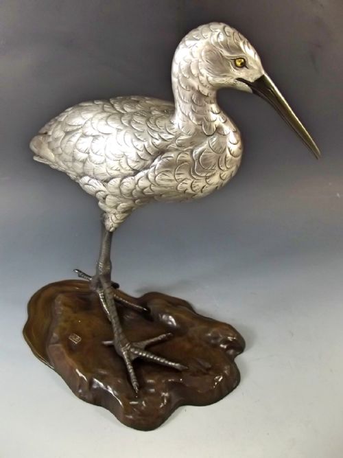 JAPANESE SILVERED BRONZE EGRET OKIMONO MEIJI PERIOD - ADDITIONAL PHOTO 2