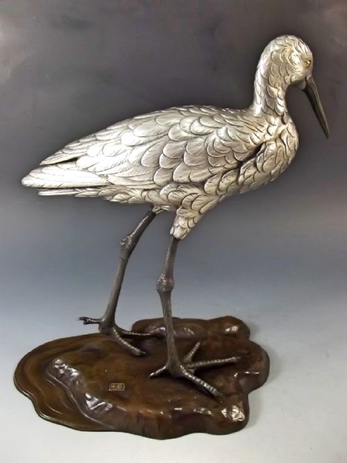 JAPANESE SILVERED BRONZE EGRET OKIMONO MEIJI PERIOD - ADDITIONAL PHOTO 3