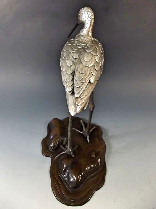 JAPANESE SILVERED BRONZE EGRET OKIMONO MEIJI PERIOD - ADDITIONAL PHOTO 4