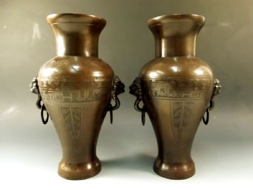 large pair chinese bronze archaic style vases c1900 - CATEGORY: ANTIQUE VASES - DATED 1900