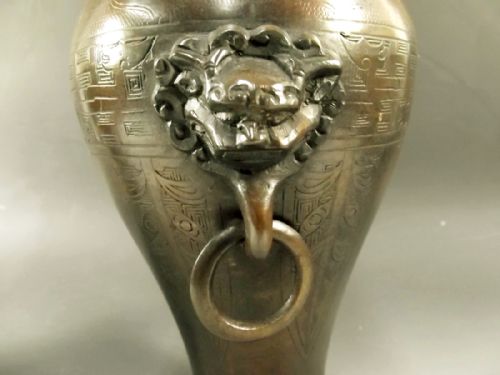 LARGE PAIR CHINESE BRONZE ARCHAIC STYLE VASES C1900 - ADDITIONAL PHOTO 2