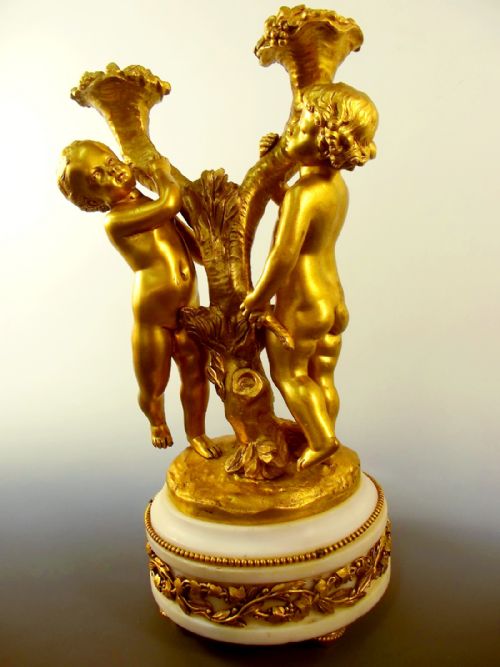 FRENCH ORMOLU CARRARA MARBLE PUTTI CANDLESTICK C1860 - ADDITIONAL PHOTO 2