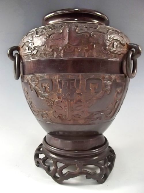chinese archaic style bronze vase on stand c1880 - CATEGORY: ANTIQUE VASES - DATED 1880