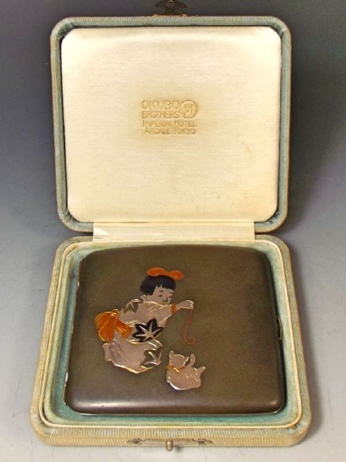 japanese mixed metal shibuichi cigarette case by okubo brothers - CATEGORY: ANTIQUE MISCELLANEOUS - DATED 1920