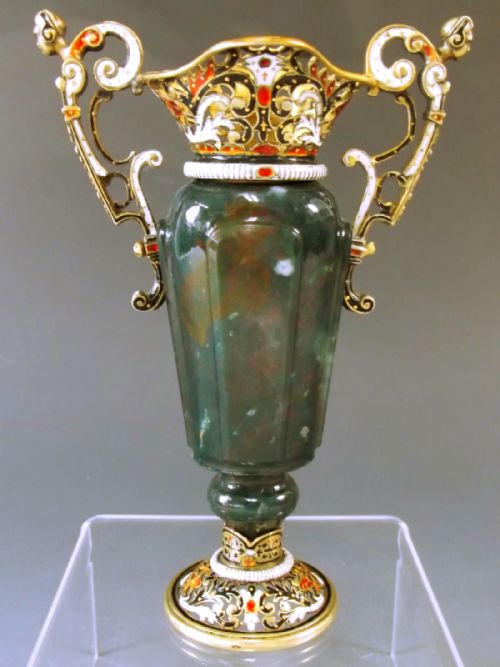 austrian carved bloodstone silver gilt enamel vase c1880 - CATEGORY: ANTIQUE VASES - DATED 1880