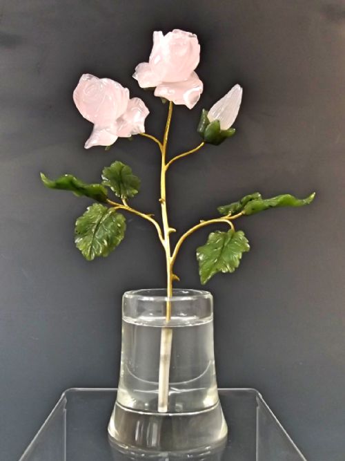 18CT GOLD HARDSTONE FLOWER IN ROCK CRYSTAL VASE - ADDITIONAL PHOTO 1